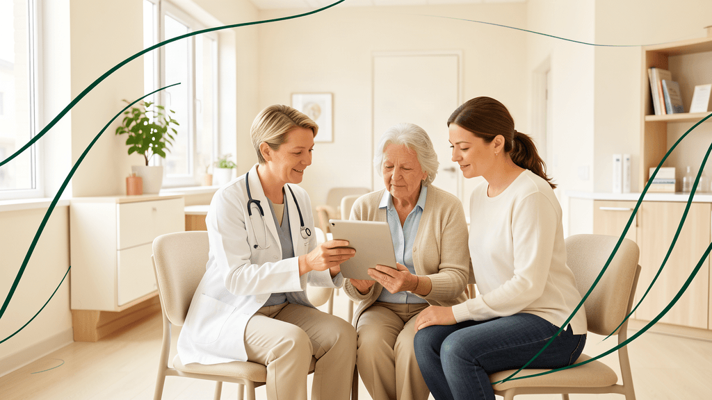 Clinician, older adult, and caregiver reviewing a tablet together in a bright outpatient office.