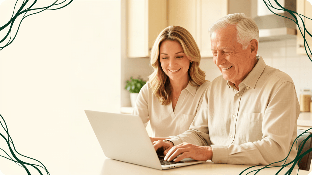 Adult daughter and older father calmly reviewing a laptop together at a bright kitchen table.